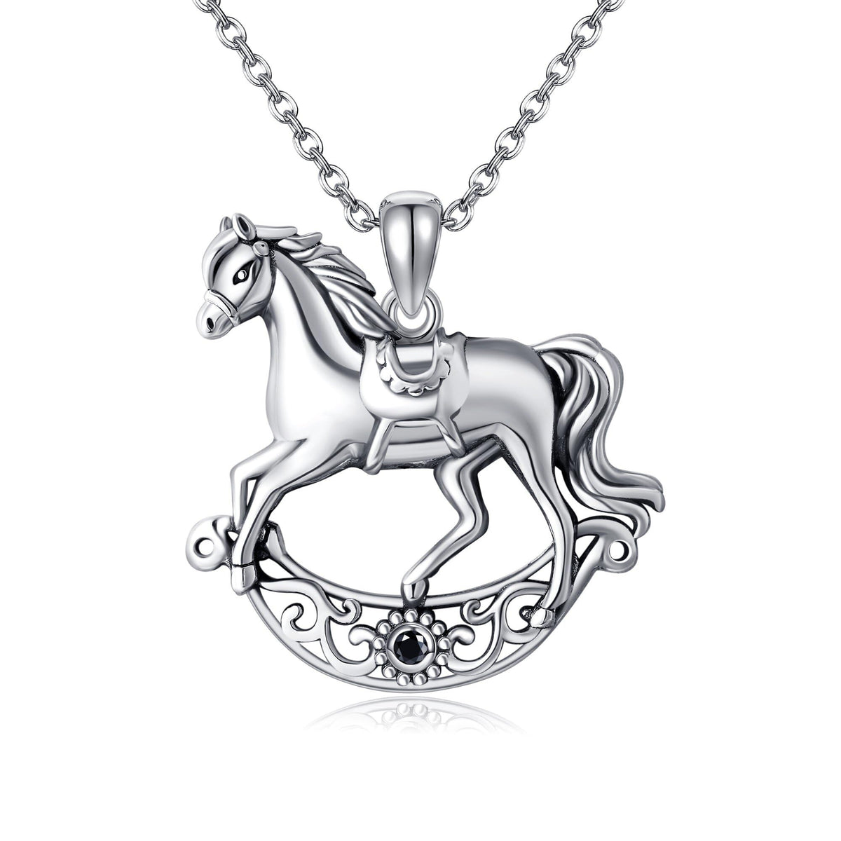 Horse Pendant Necklace — Sterling Silver with Filigree Horseshoe