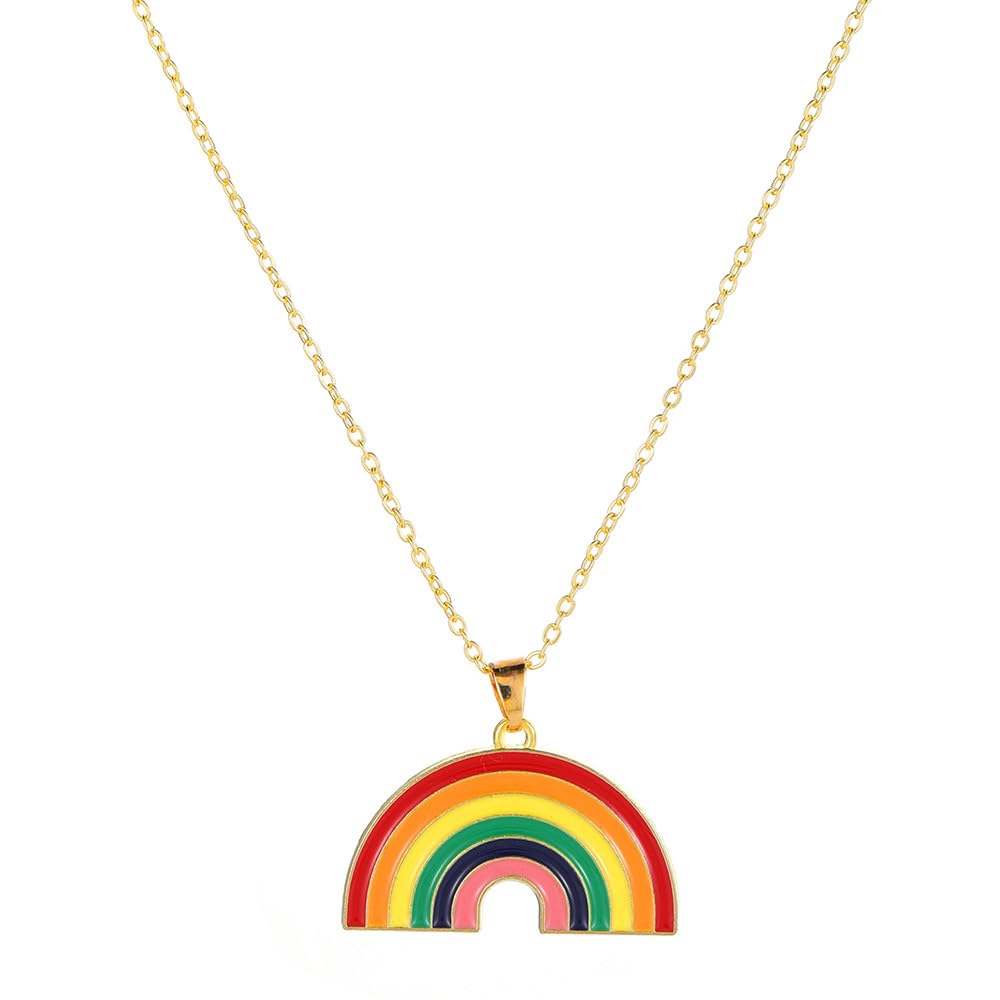 Rainbow Enamel Necklace — Colorful Pendant on Gold Chain