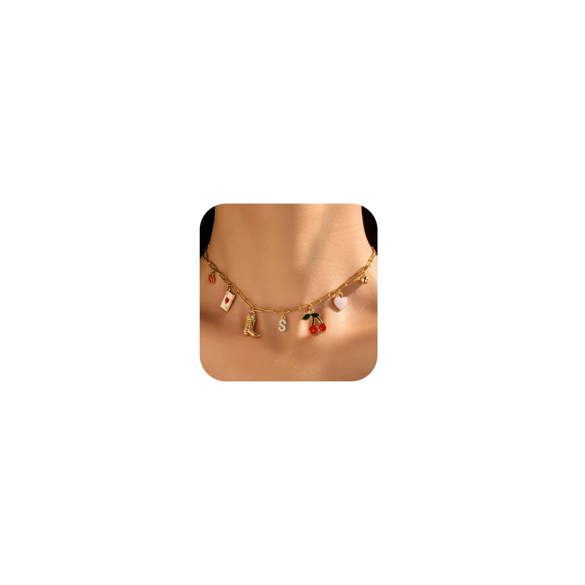 Western Charm Necklace — Dainty Gold Chain with Cowboy Boot, Cherry & Heart Charms