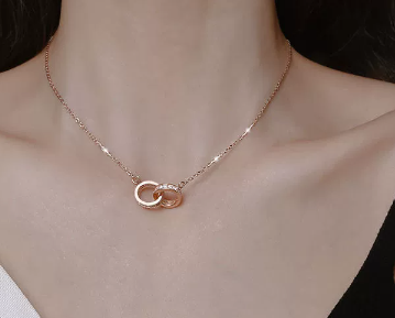 Interlocking Double Ring Necklace — Sterling Silver with Pavé Detail, Rose Gold or White Gold