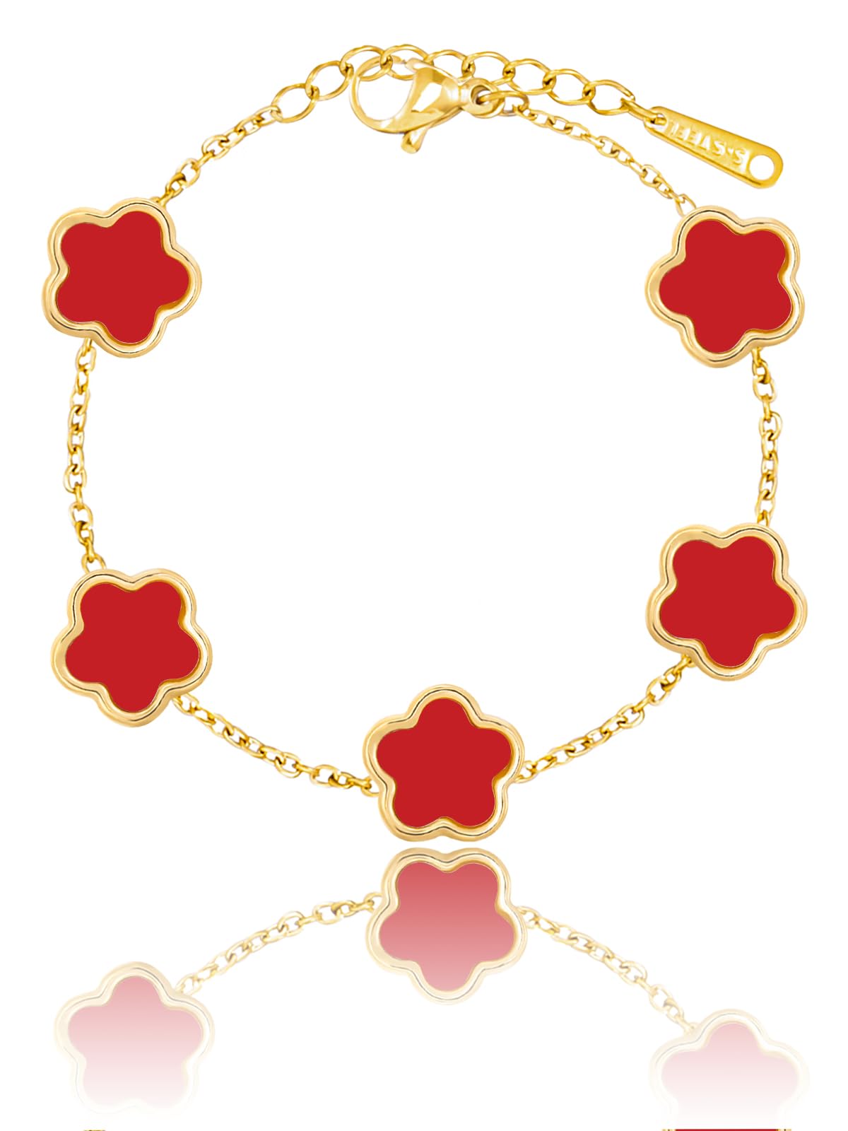 Four Leaf Clover Bracelet — Red Chalcedony on Gold Tone Chain