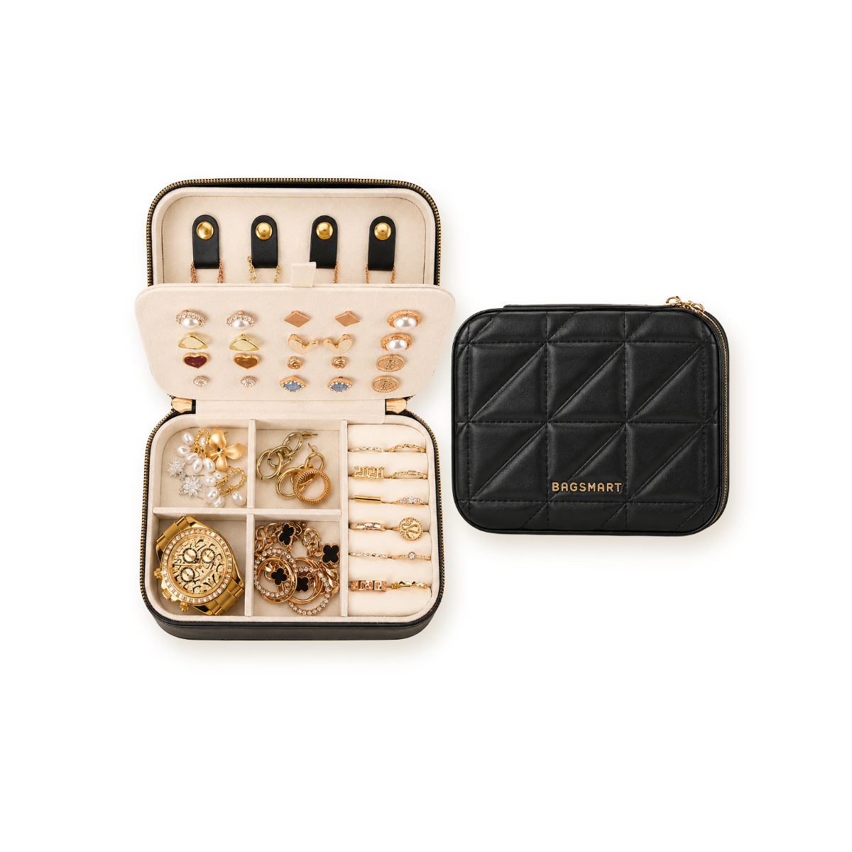 Two-Layer Travel Jewelry Case — Quilted PU Leather