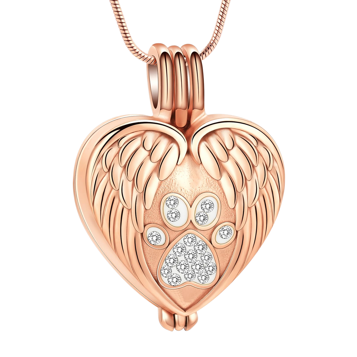 Paw Print Memorial Necklace — Heart Urn Pendant with Angel Wings for Pet Ashes