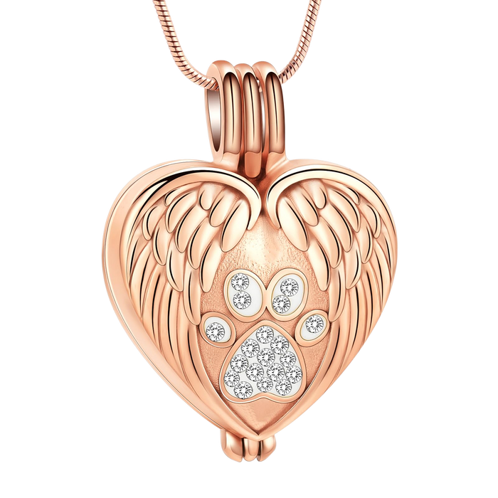 Paw Print Memorial Necklace — Heart Urn Pendant with Angel Wings for Pet Ashes