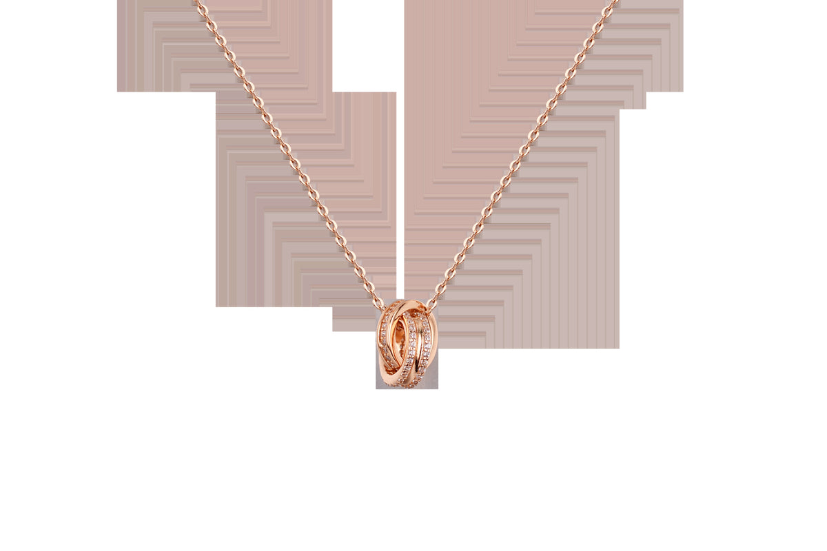 Interlocking Double Ring Necklace — Sterling Silver with Pavé Detail, Rose Gold or White Gold