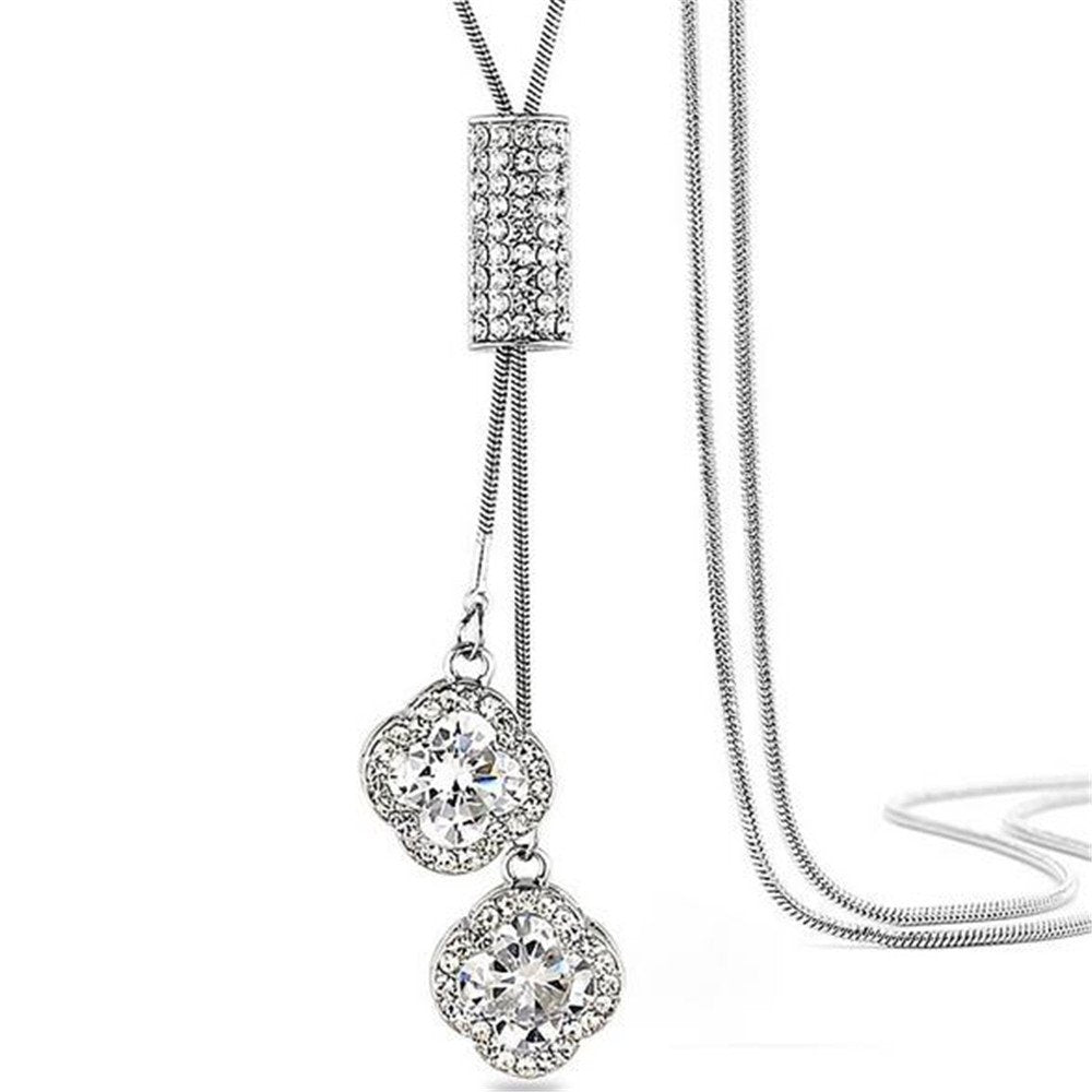 Crystal Tassel Necklace — Long Chain with Flower Pendant