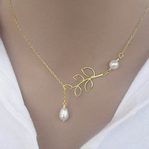 Pearl Lariat Necklace — Leaf Branch Drop in Yellow or White Gold