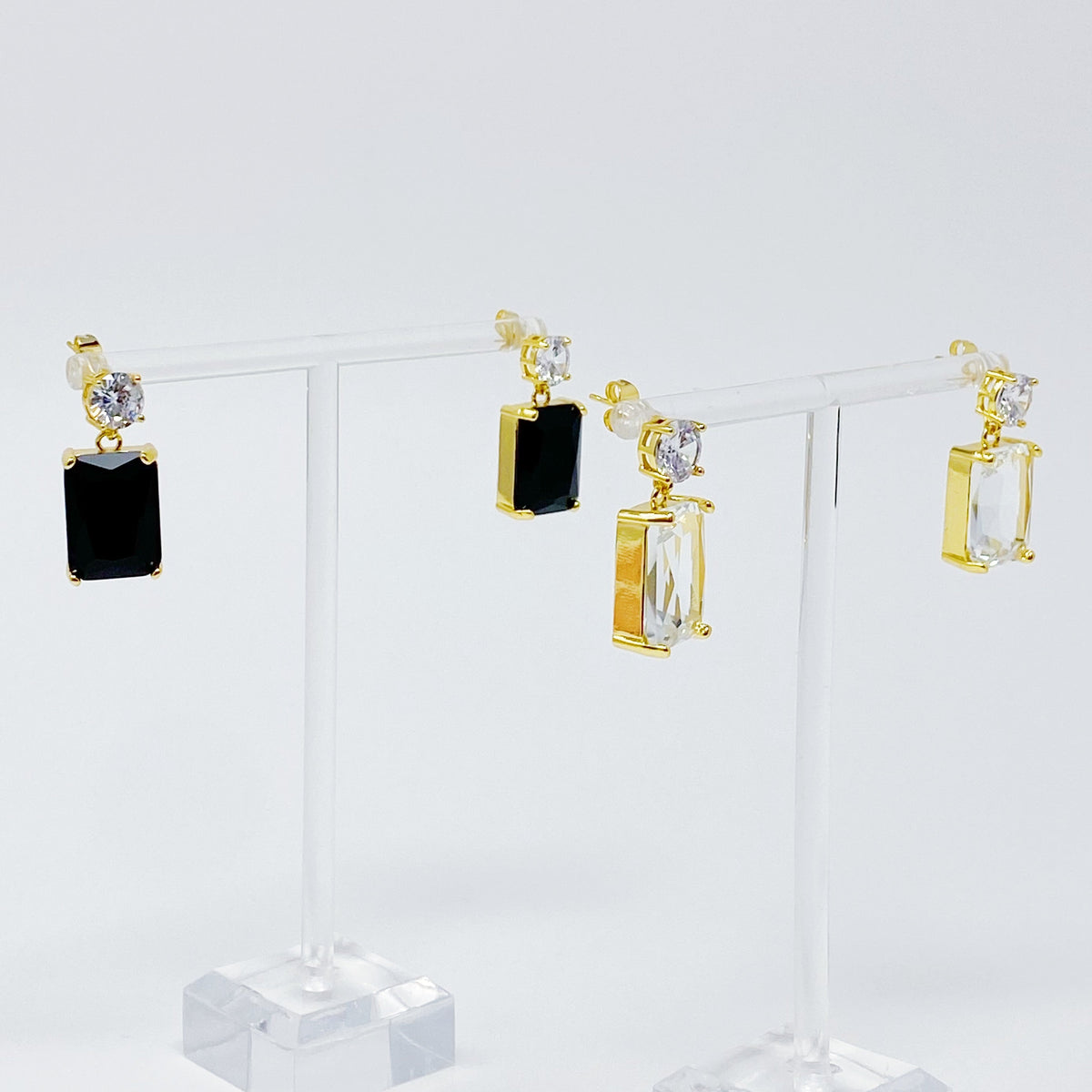 Black Crystal Drop Earrings — Baguette Cut with Cubic Zirconia
