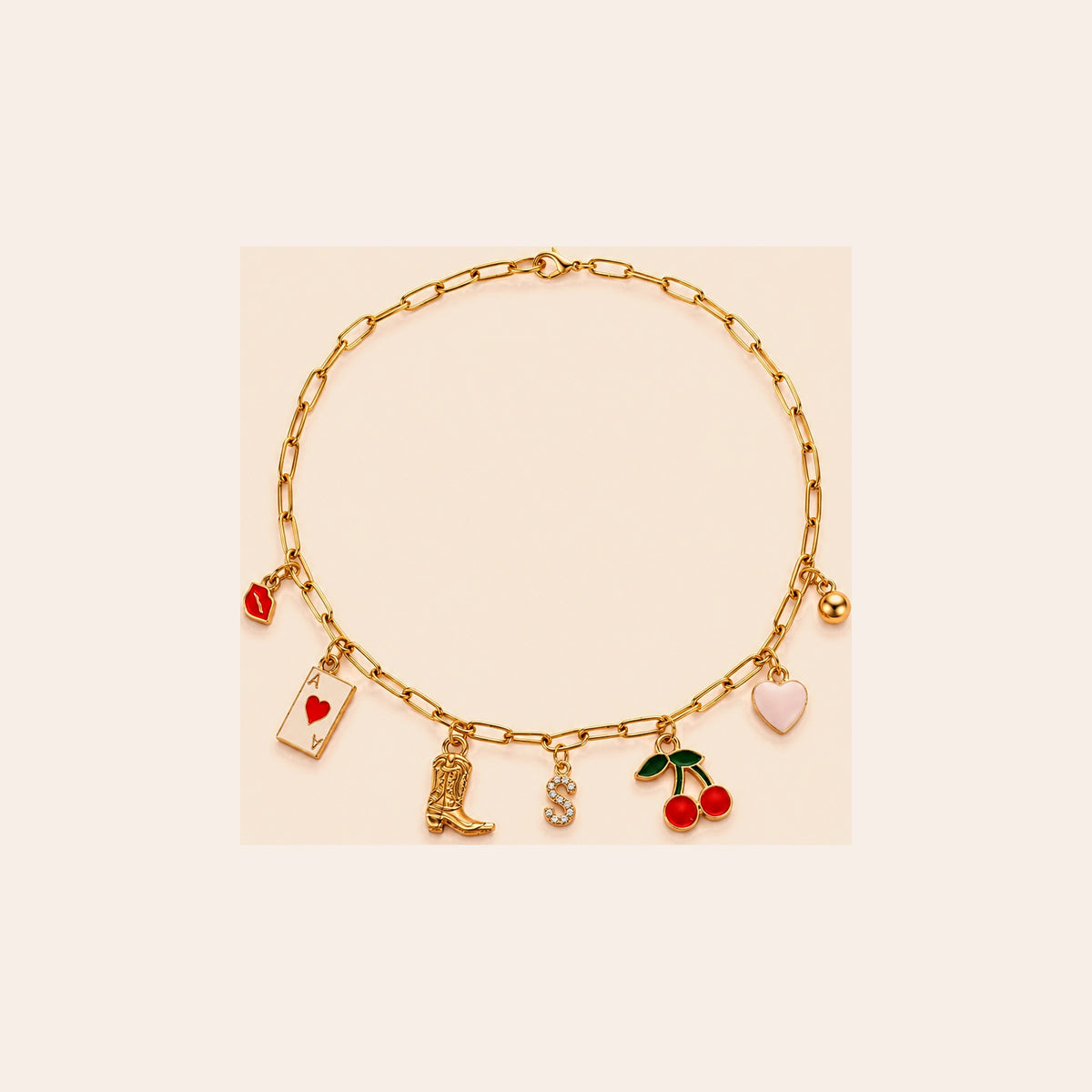 Western Charm Necklace — Dainty Gold Chain with Cowboy Boot, Cherry & Heart Charms