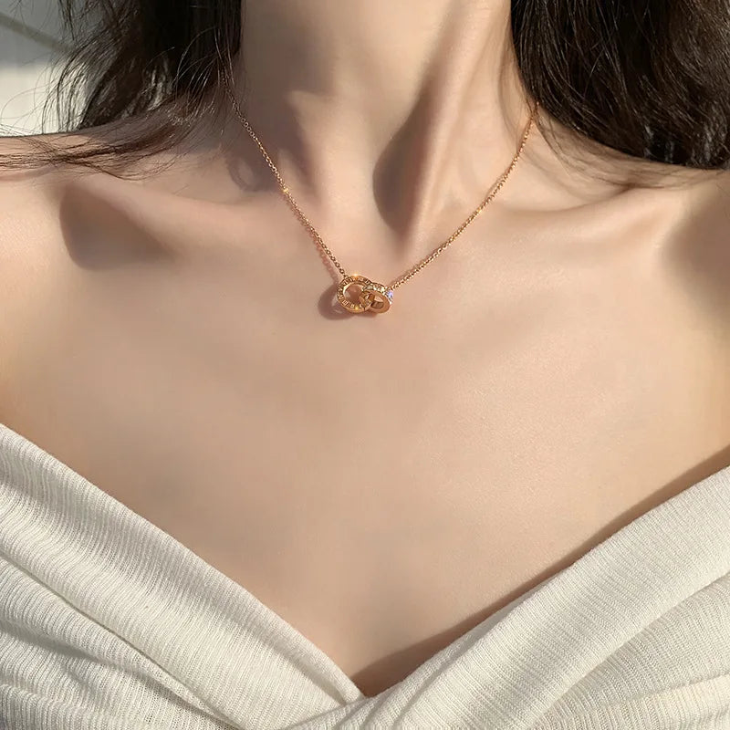 18K Gold Plated Stainless Steel Interlocking Circles Infinity Style Roman Numbers Wedding Statement Collar Necklace For Women