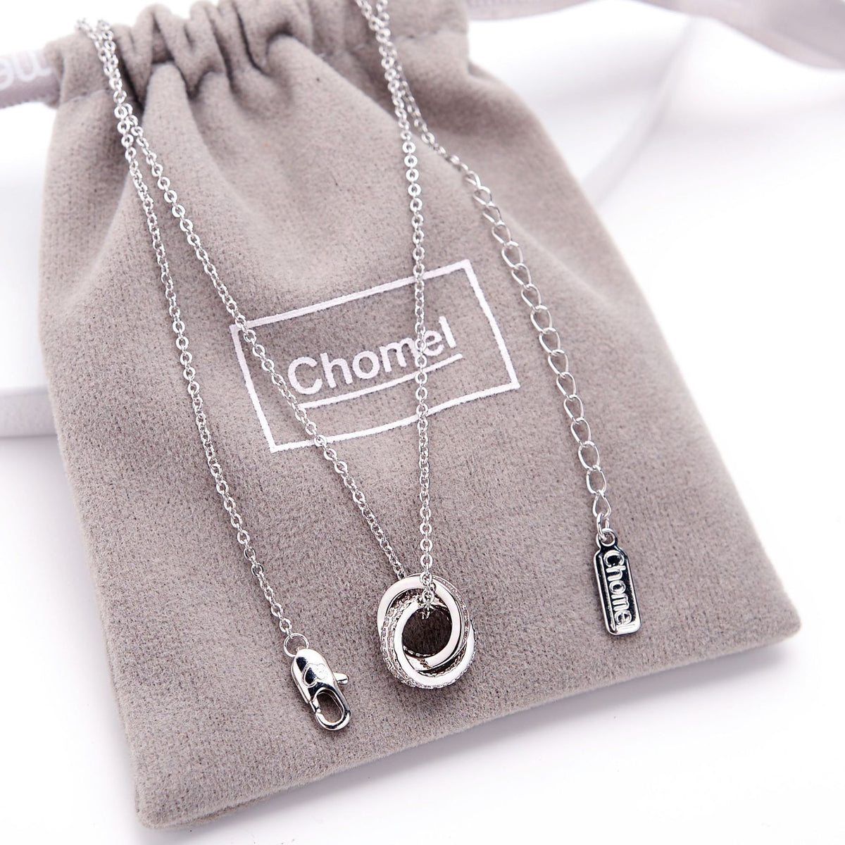 Interlocking Double Ring Necklace — Sterling Silver with Pavé Detail, Rose Gold or White Gold