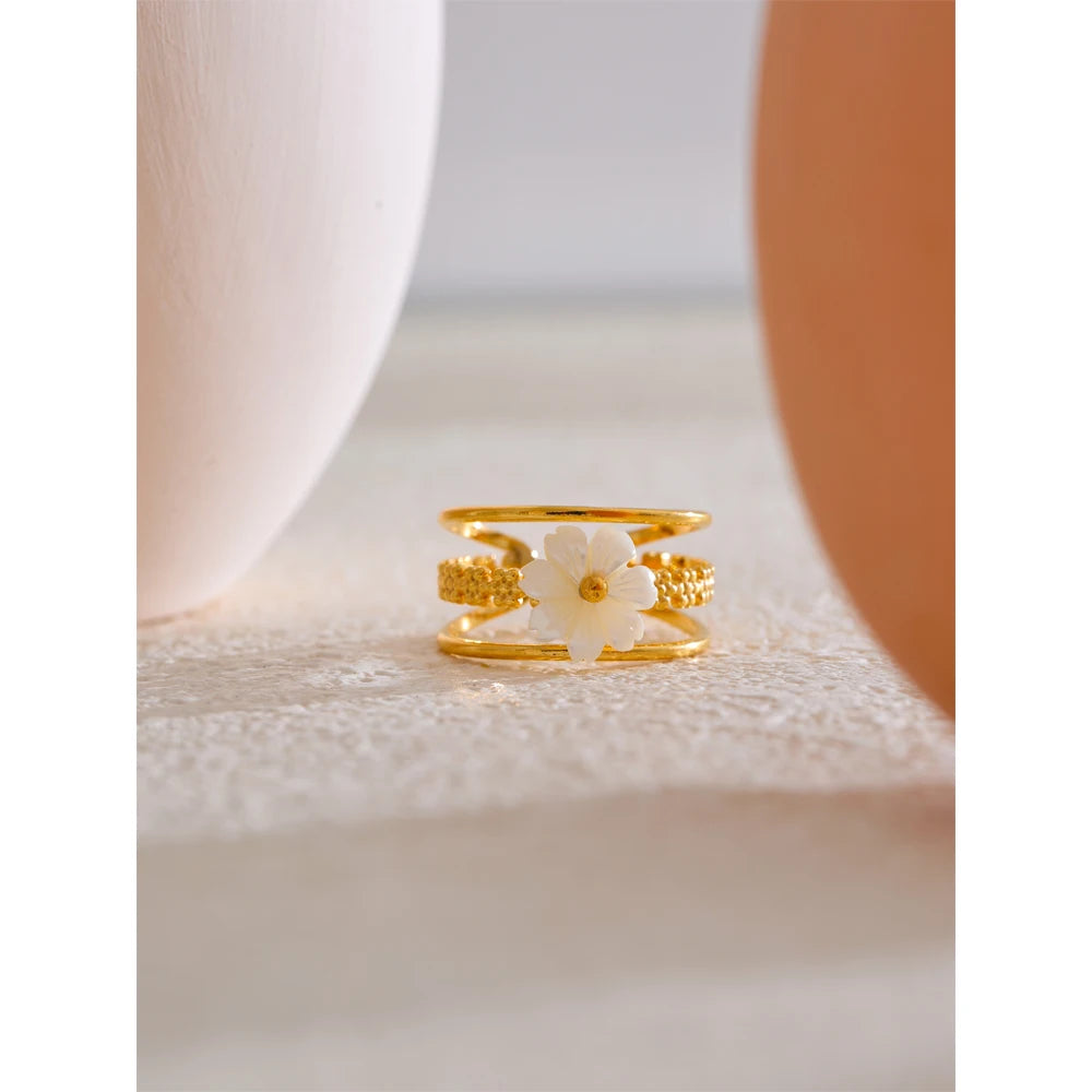 Yhpup Stainless Steel Natural Shell Flower Metal Hollow Open Ring 18K Gold Color Plated Popular Sweet Jewelry