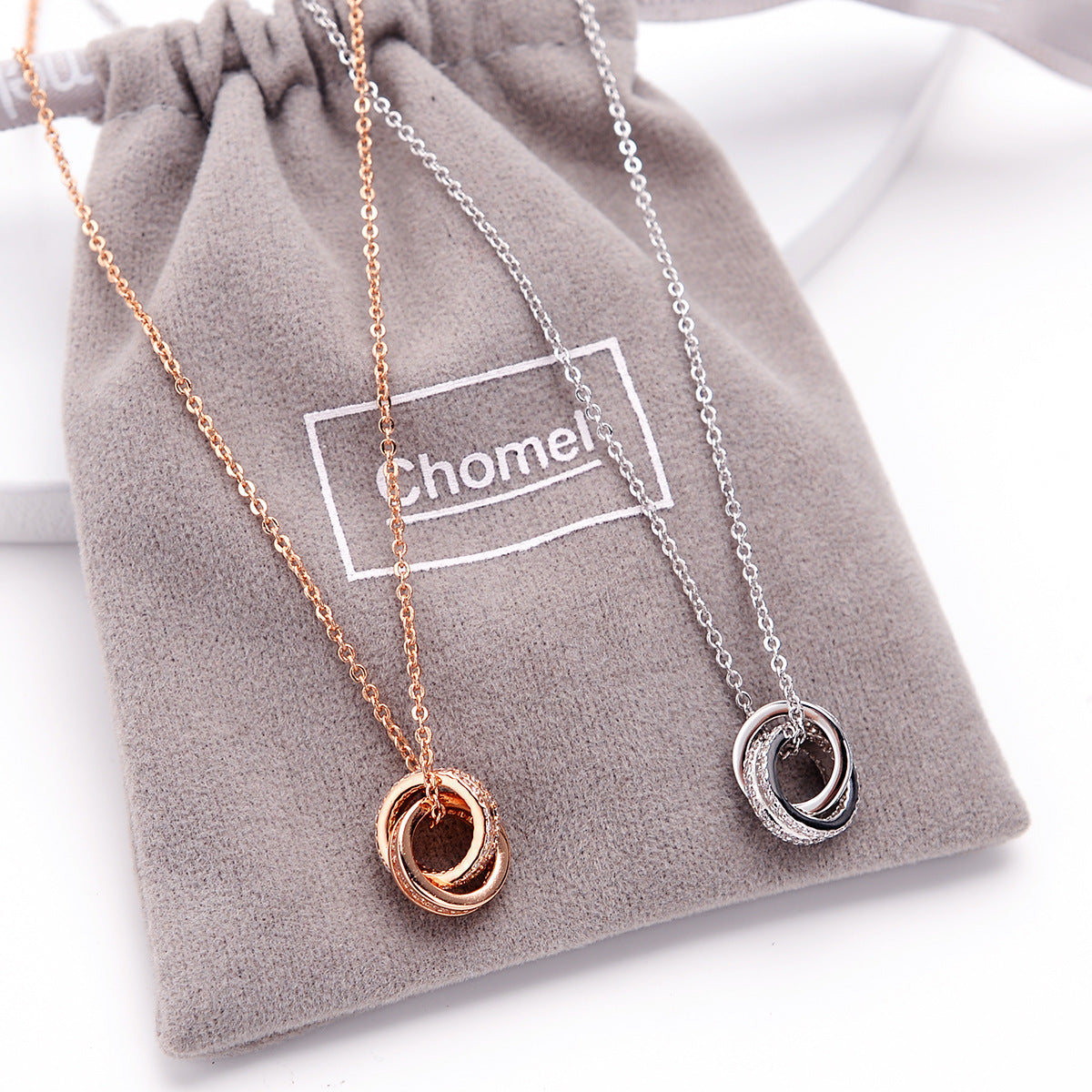 Interlocking Double Ring Necklace — Sterling Silver with Pavé Detail, Rose Gold or White Gold