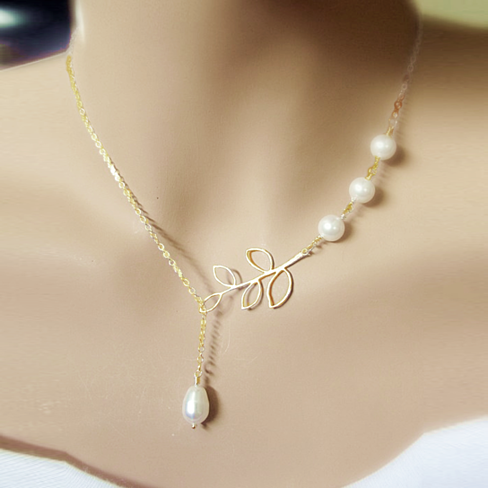 Pearl Lariat Necklace — Leaf Branch Drop in Yellow or White Gold