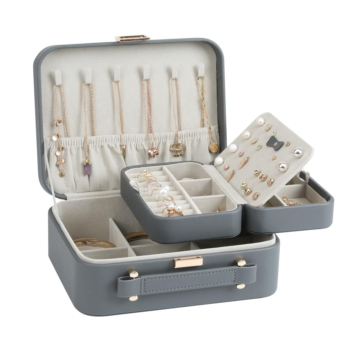 Large 2-Layer Travel Jewelry Box with Handle — PU Leather Case with Removable Tray & Adjustable Dividers