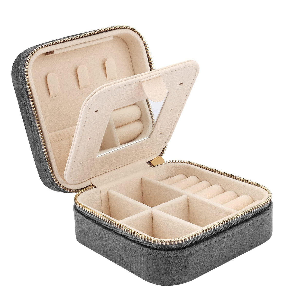 Velvet Mini Jewelry Case — Travel Organizer with Mirror, Ring Rolls & Necklace Pocket