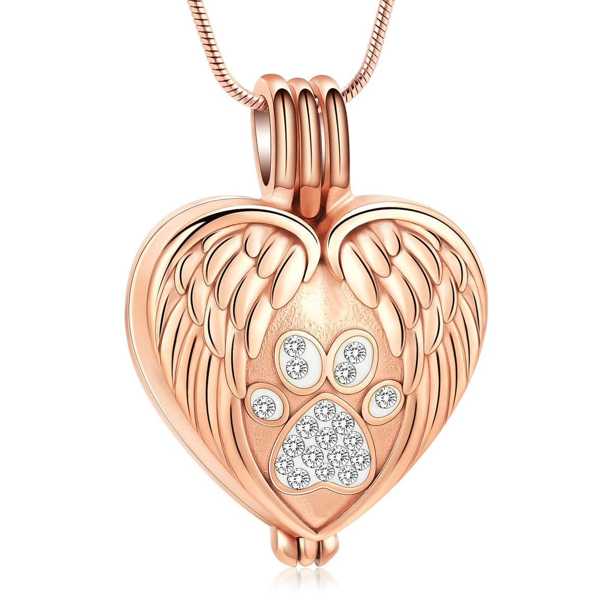 Paw Print Memorial Necklace — Heart Urn Pendant with Angel Wings for Pet Ashes