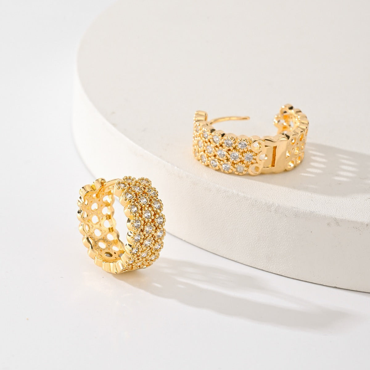 Gold Pavé Huggie Hoops — Chunky Crystal Earrings with Openwork Lace Detail