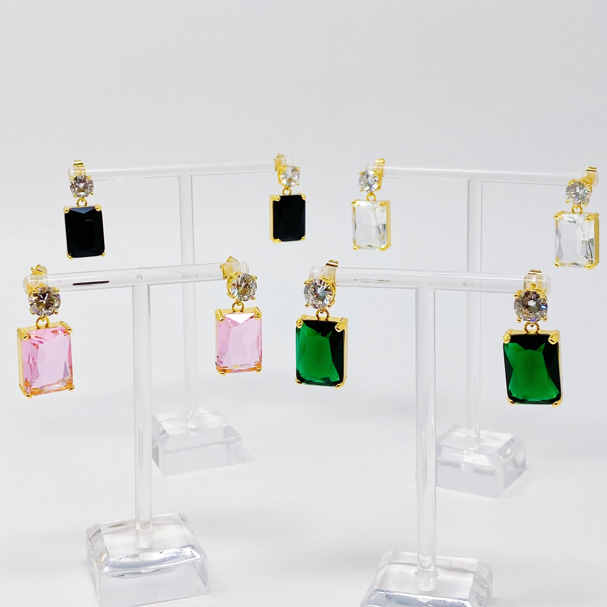 Black Crystal Drop Earrings — Baguette Cut with Cubic Zirconia