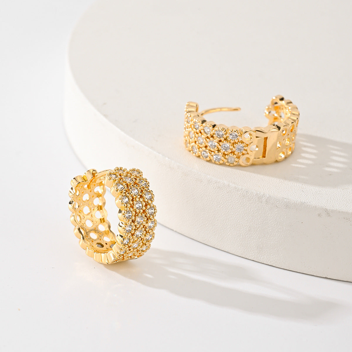 Gold Pavé Huggie Hoops — Chunky Crystal Earrings with Openwork Lace Detail