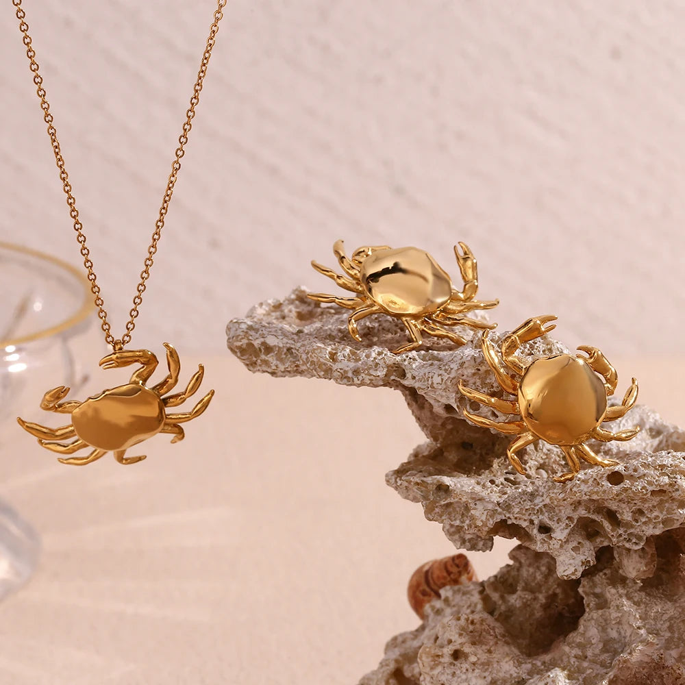 Little Crab Water Resistant Tarnish Free Silver Color 316L Stainless Steel Women's Ring Earrings 18K Gold Plated Jewelry