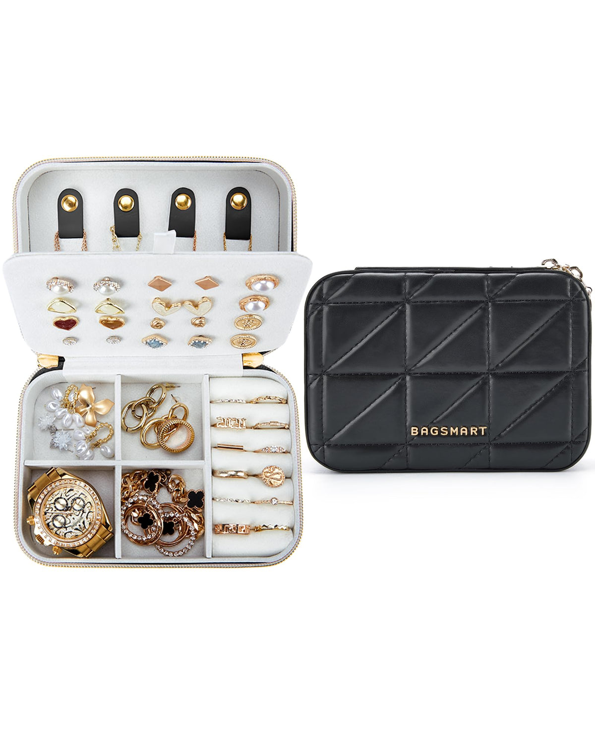 Two-Layer Travel Jewelry Case — Quilted PU Leather