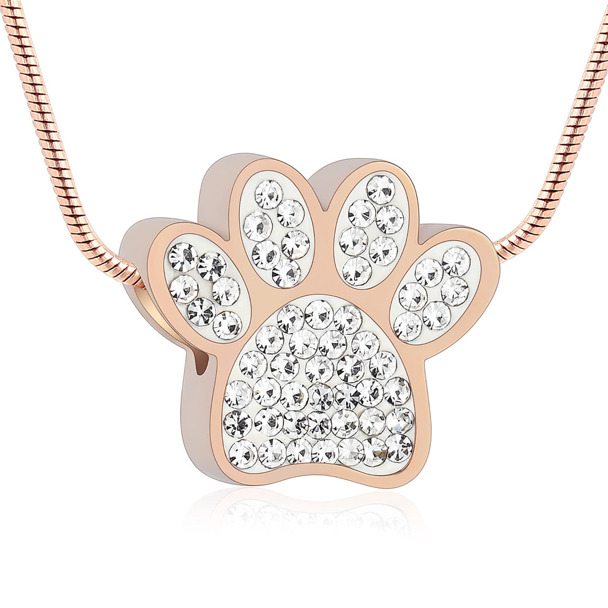 Crystal Paw Print Urn Necklace — Discreet Pet Cremation Pendant, Rose Gold Stainless Steel