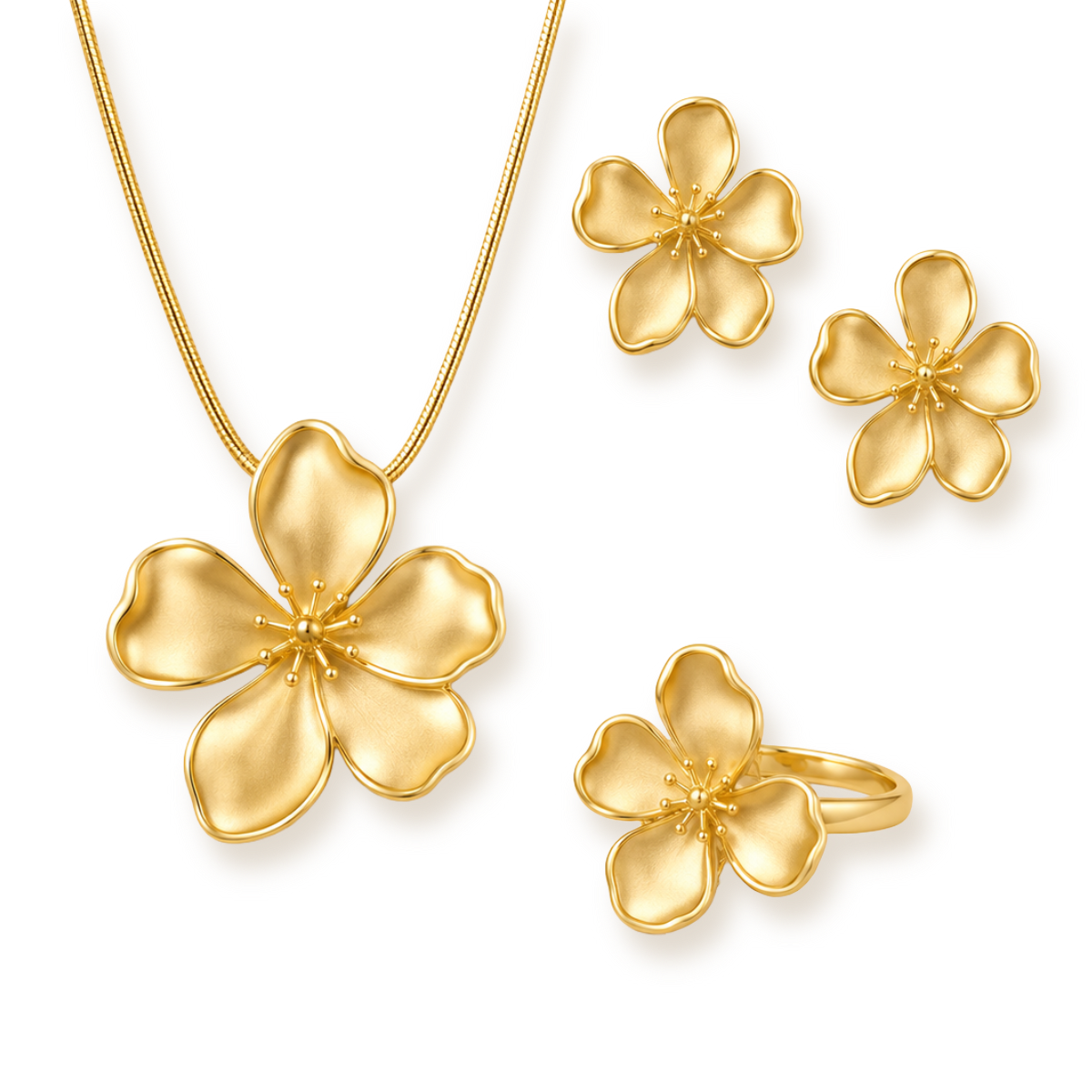 Gold Flower Jewelry Set — Statement Petal Earrings & Dainty Floral Necklace