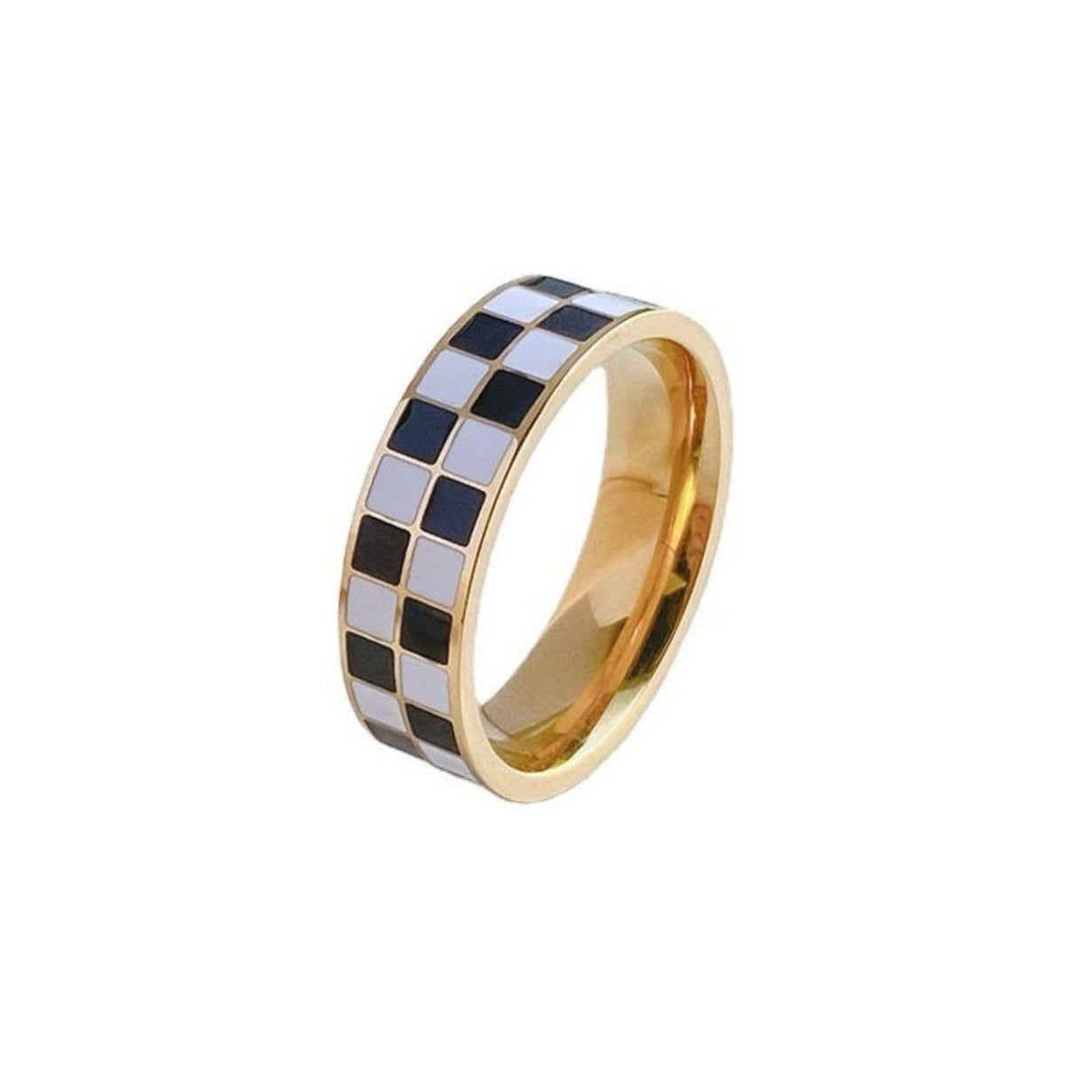 Checkerboard Ring — Black and White Enamel on Gold