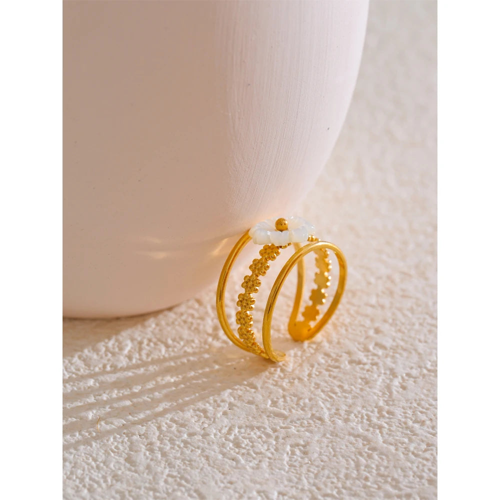 Yhpup Stainless Steel Natural Shell Flower Metal Hollow Open Ring 18K Gold Color Plated Popular Sweet Jewelry