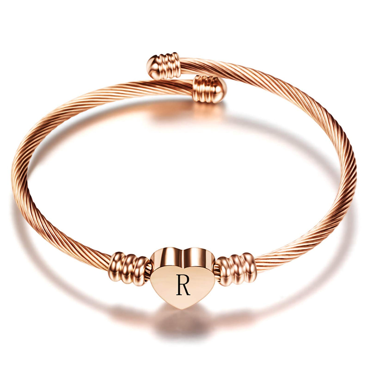 Rose Gold Heart Cuff — Twisted Cable Bangle with Initial