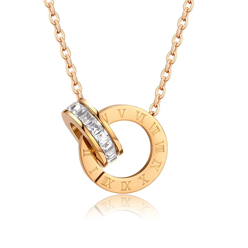 18K Gold Plated Stainless Steel Interlocking Circles Infinity Style Roman Numbers Wedding Statement Collar Necklace For Women