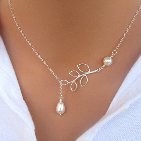 Pearl Lariat Necklace — Leaf Branch Drop in Yellow or White Gold