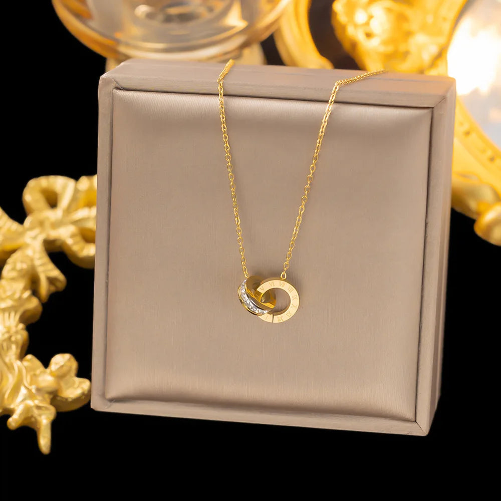 18K Gold Plated Stainless Steel Interlocking Circles Infinity Style Roman Numbers Wedding Statement Collar Necklace For Women