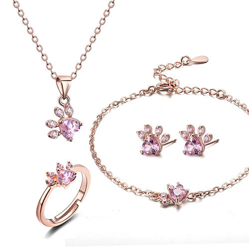 Rose Gold Paw Print Jewelry Set — Necklace, Bracelet, Stud Earrings & Adjustable Ring