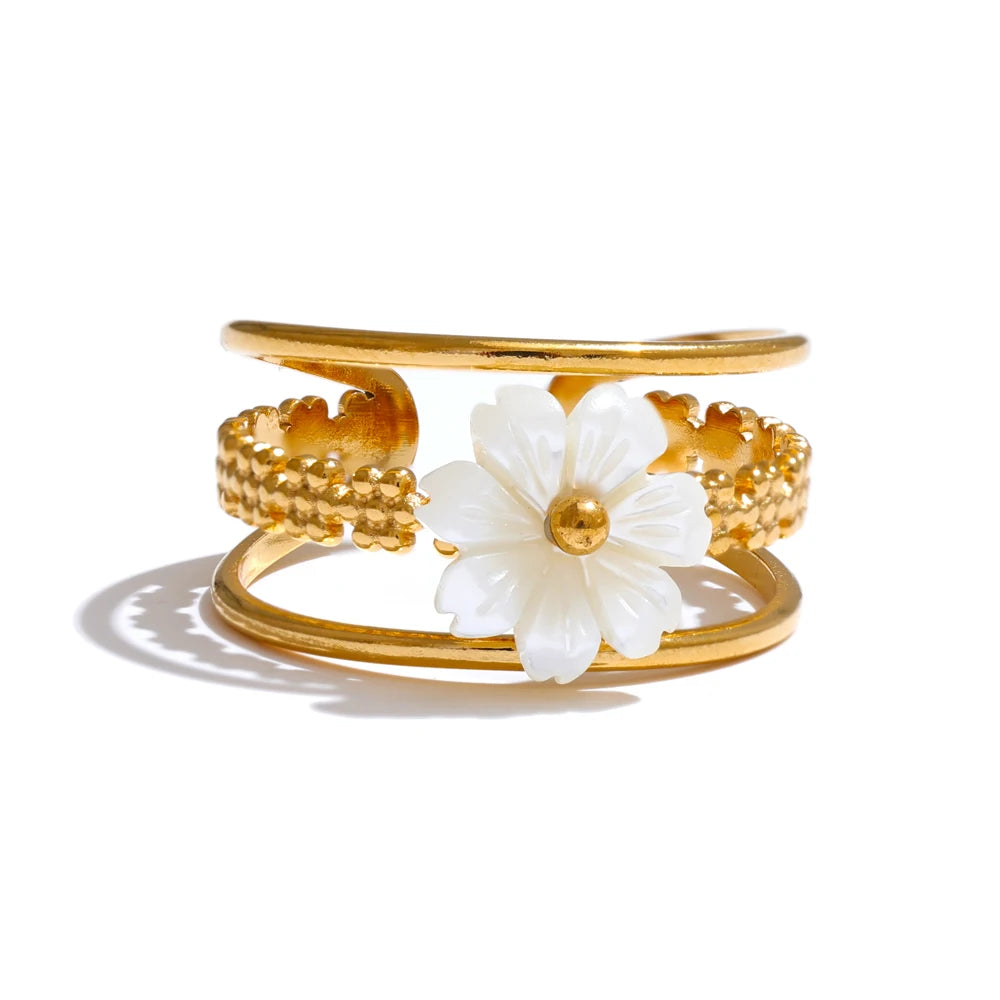 Yhpup Stainless Steel Natural Shell Flower Metal Hollow Open Ring 18K Gold Color Plated Popular Sweet Jewelry