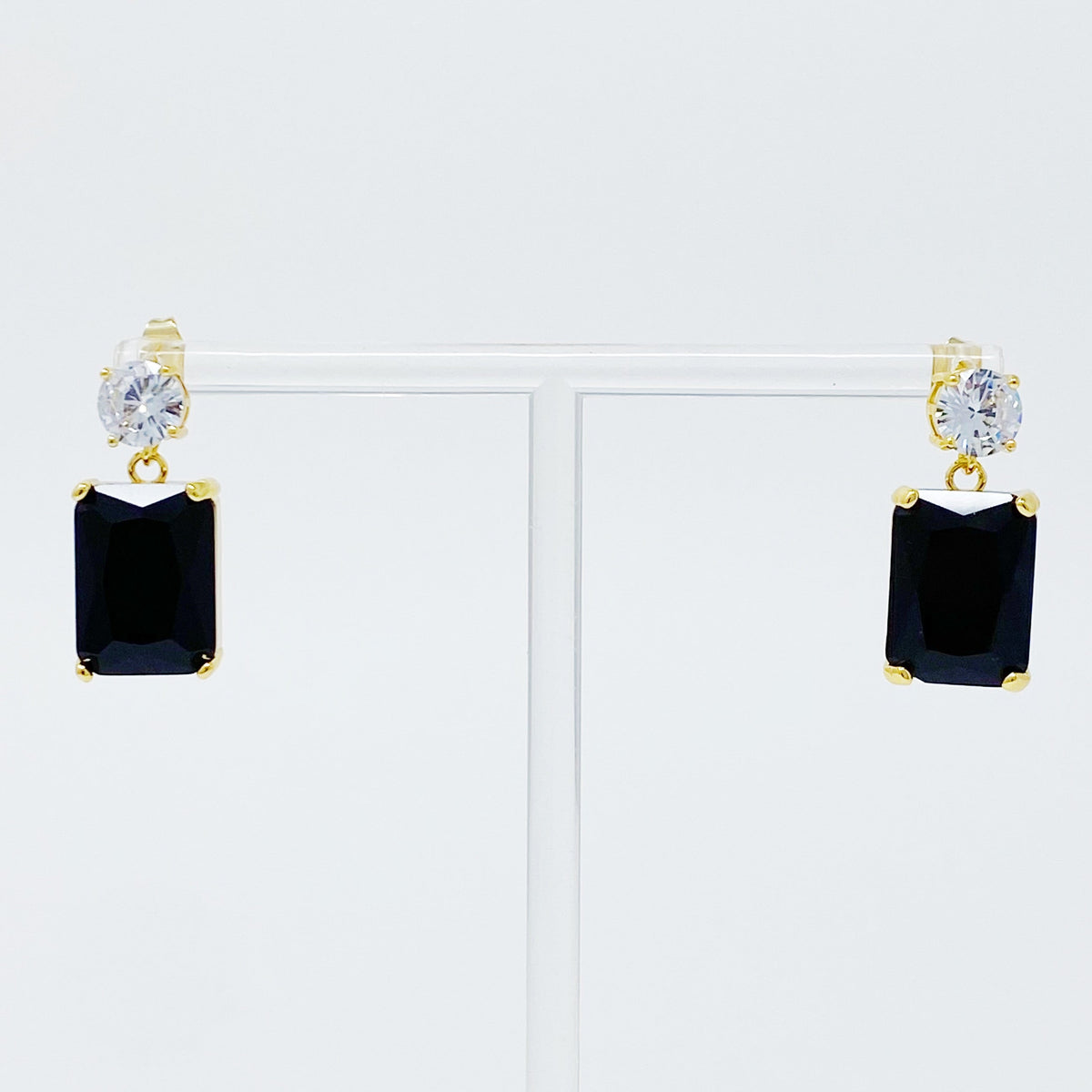 Black Crystal Drop Earrings — Baguette Cut with Cubic Zirconia