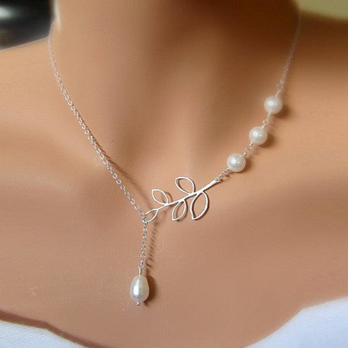 Pearl Lariat Necklace — Leaf Branch Drop in Yellow or White Gold