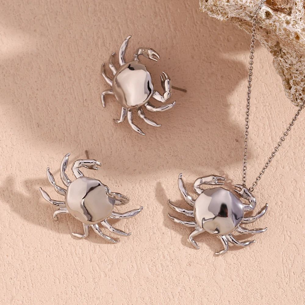 Little Crab Water Resistant Tarnish Free Silver Color 316L Stainless Steel Women's Ring Earrings 18K Gold Plated Jewelry