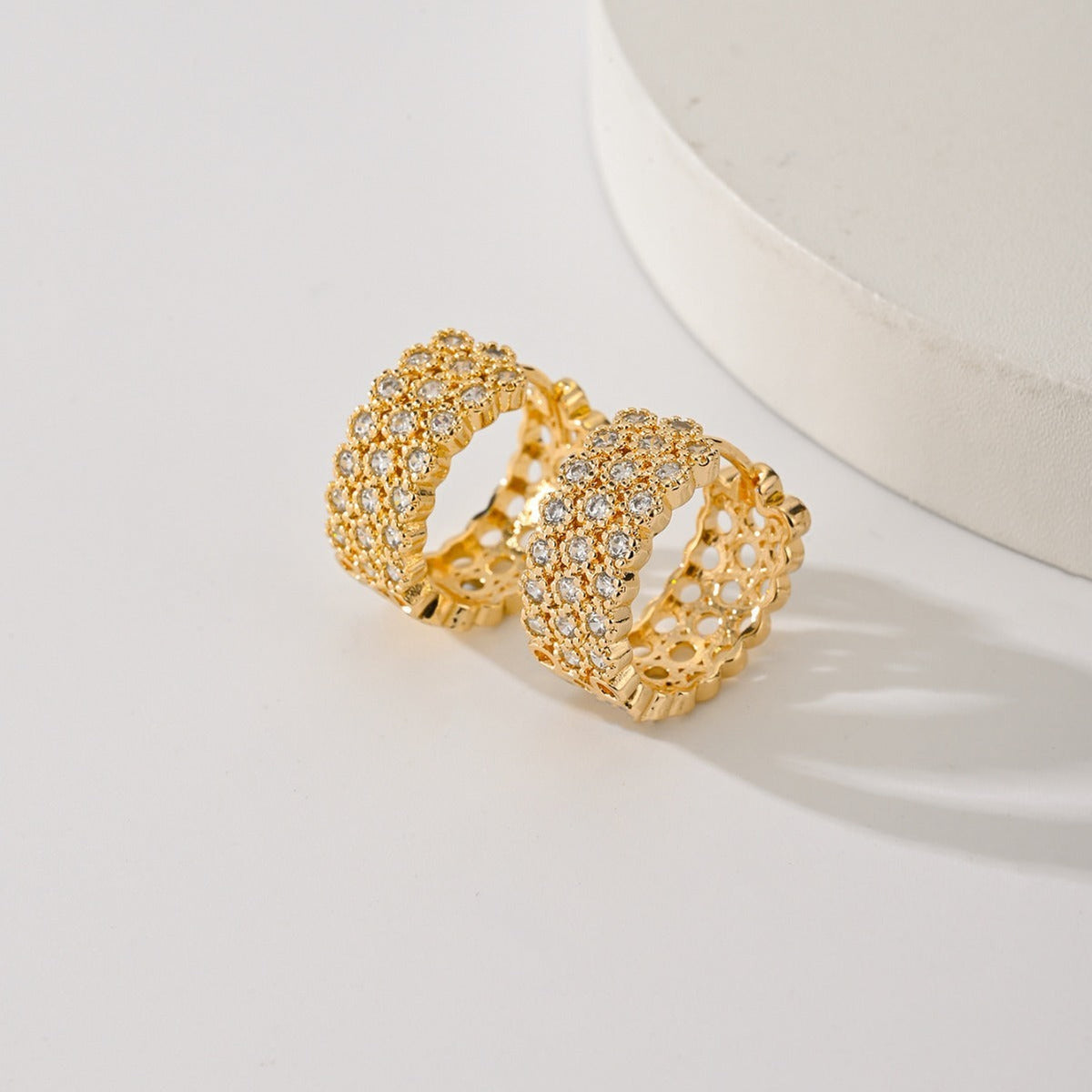 Gold Pavé Huggie Hoops — Chunky Crystal Earrings with Openwork Lace Detail