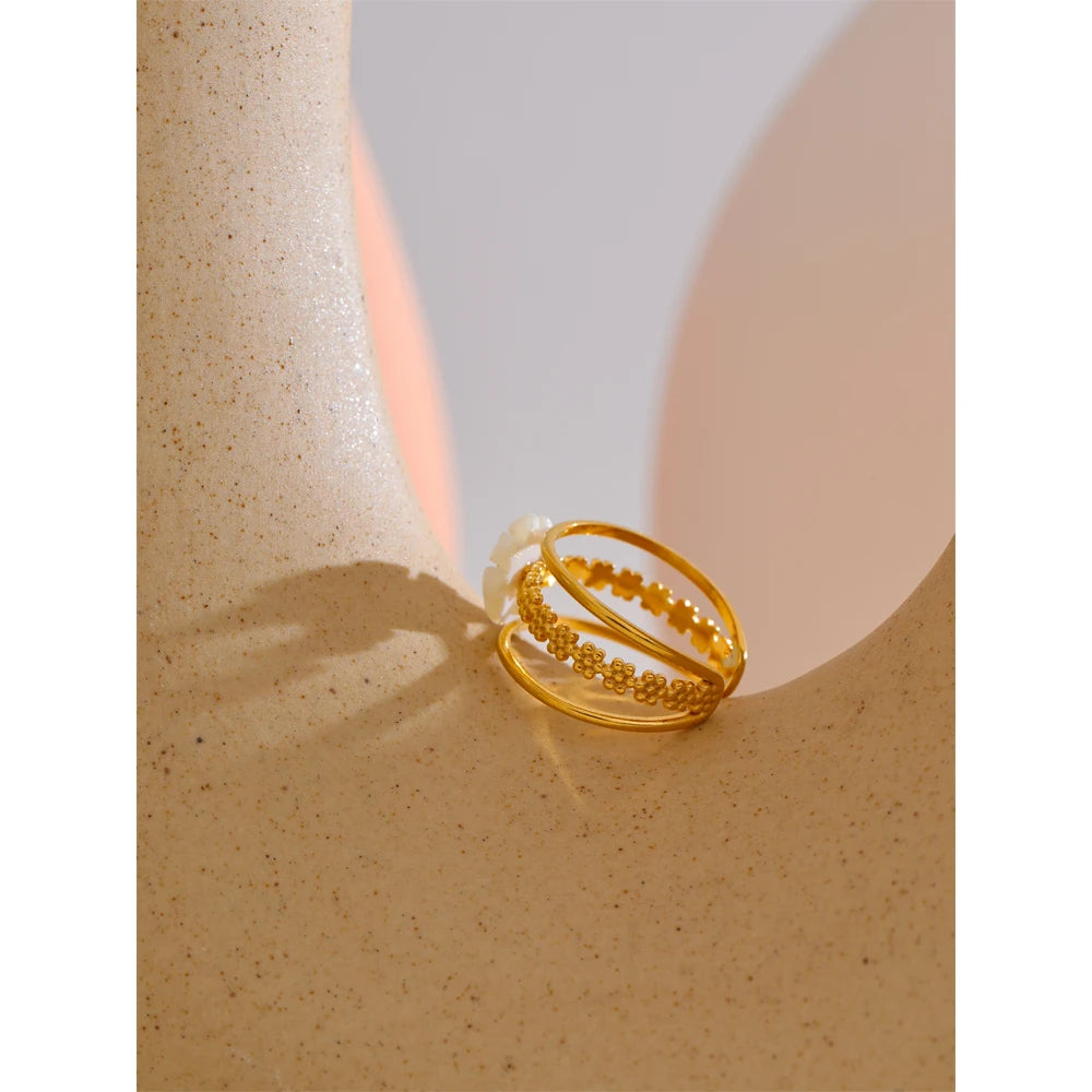 Yhpup Stainless Steel Natural Shell Flower Metal Hollow Open Ring 18K Gold Color Plated Popular Sweet Jewelry