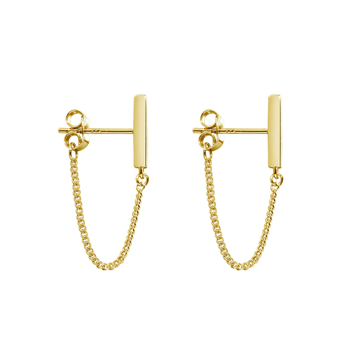 Bar and Chain Drop Earrings — Sterling Silver in Gold
