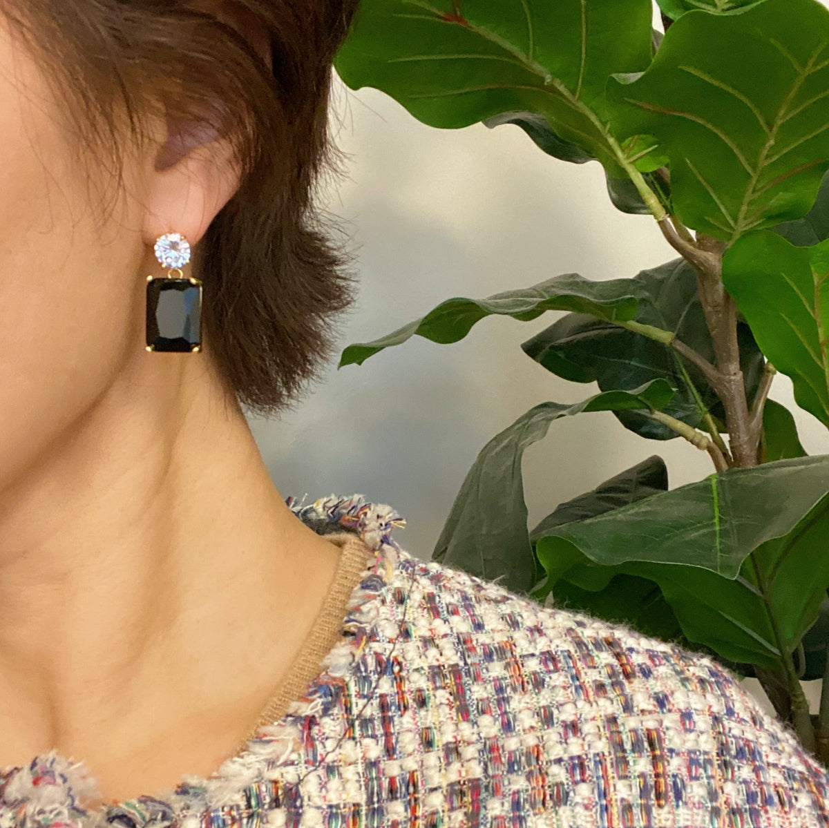 Black Crystal Drop Earrings — Baguette Cut with Cubic Zirconia