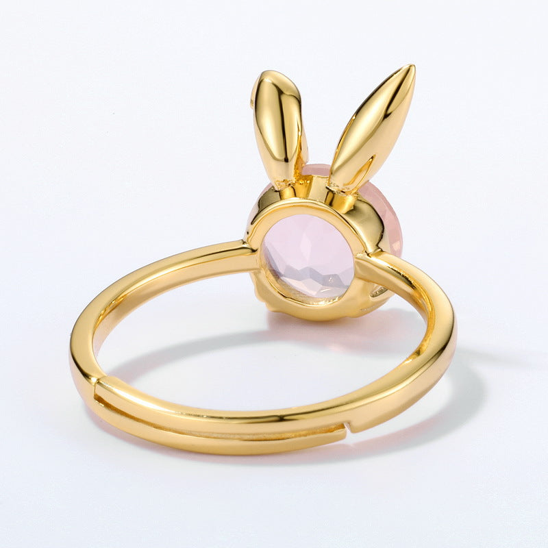 Rose Quartz Rabbit Ring — 925 Silver with Gold Plating