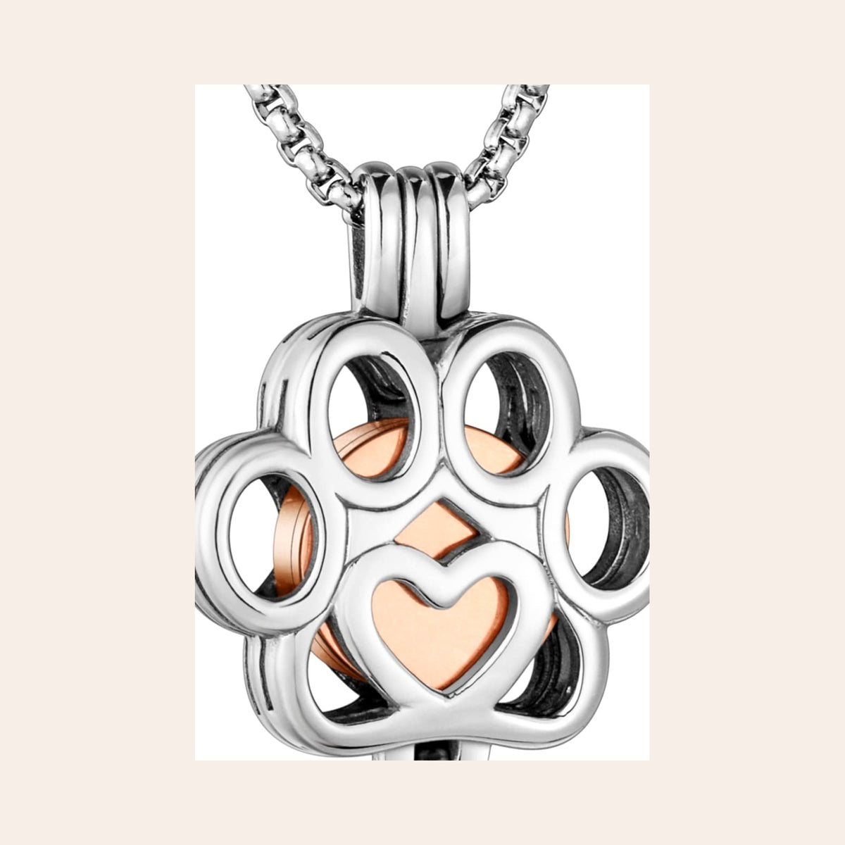 Paw Print Urn Necklace — Open Cage Pendant with Rose Gold Heart, Stainless Steel