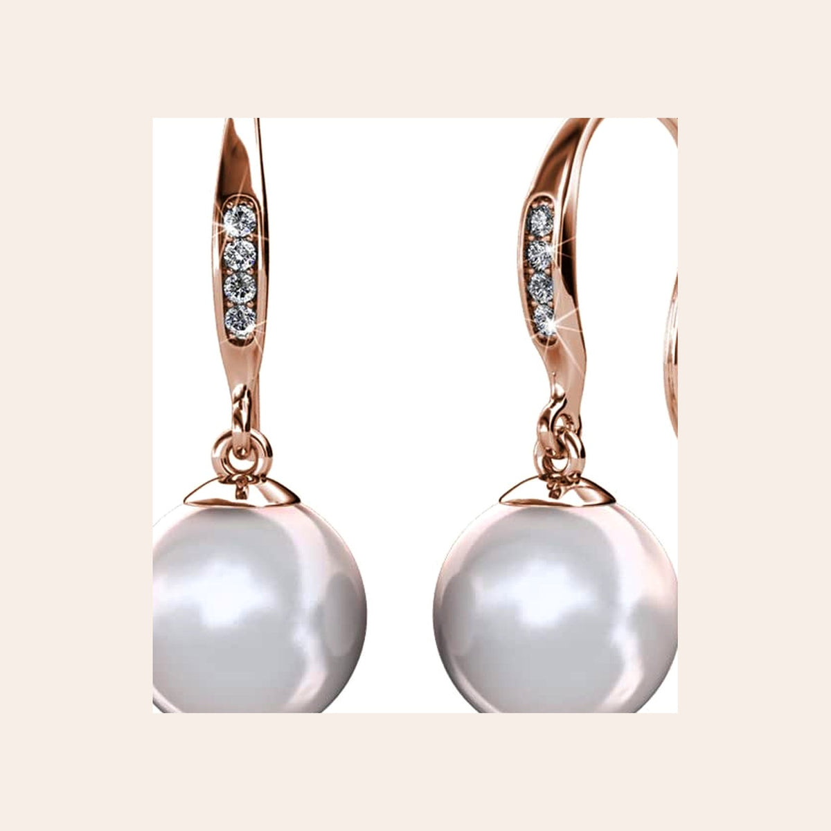 Rose Gold Pearl Drop Earrings — Pavé Hook Dangles with Round Pearl
