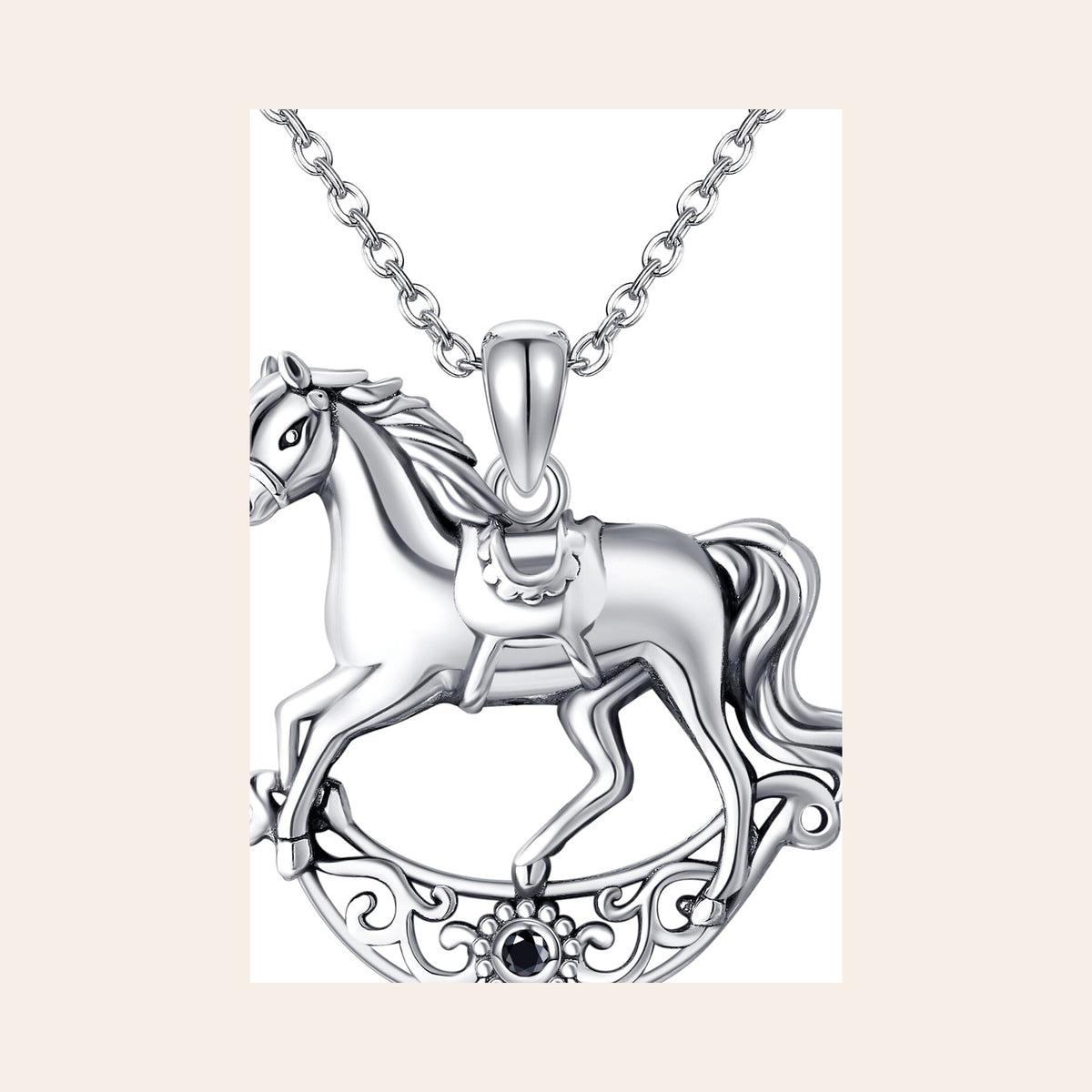 Horse Pendant Necklace — Sterling Silver with Filigree Horseshoe
