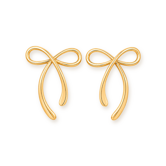 Gold Bow Earrings — Oversized Ribbon Studs with Trailing Tails