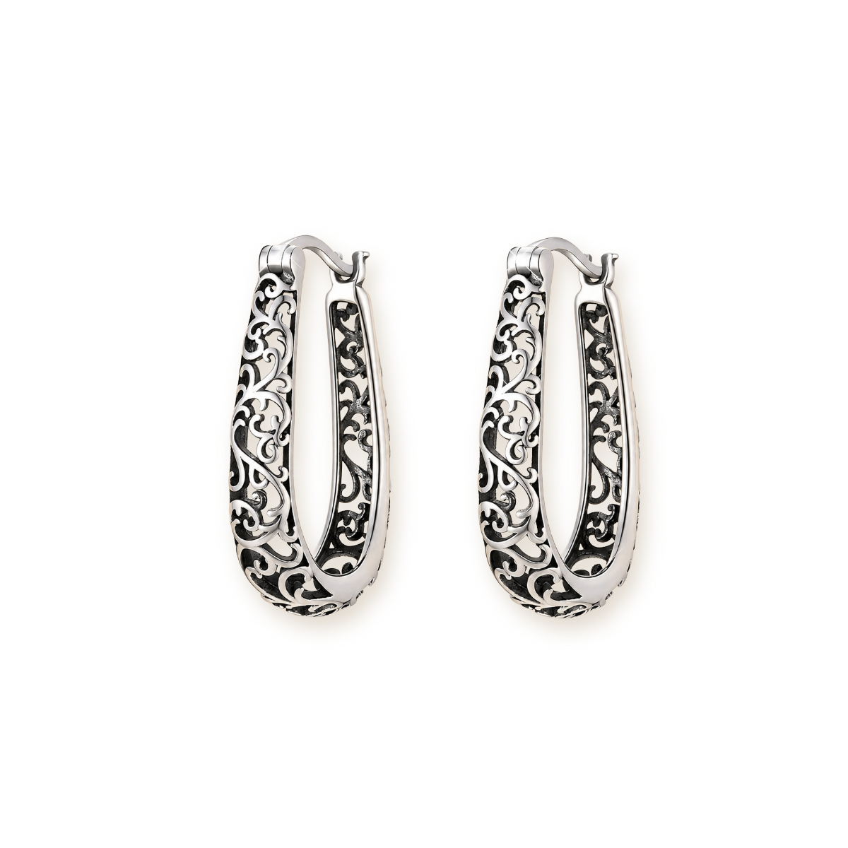 Sterling Silver Filigree Hoops — Openwork Huggie Earrings