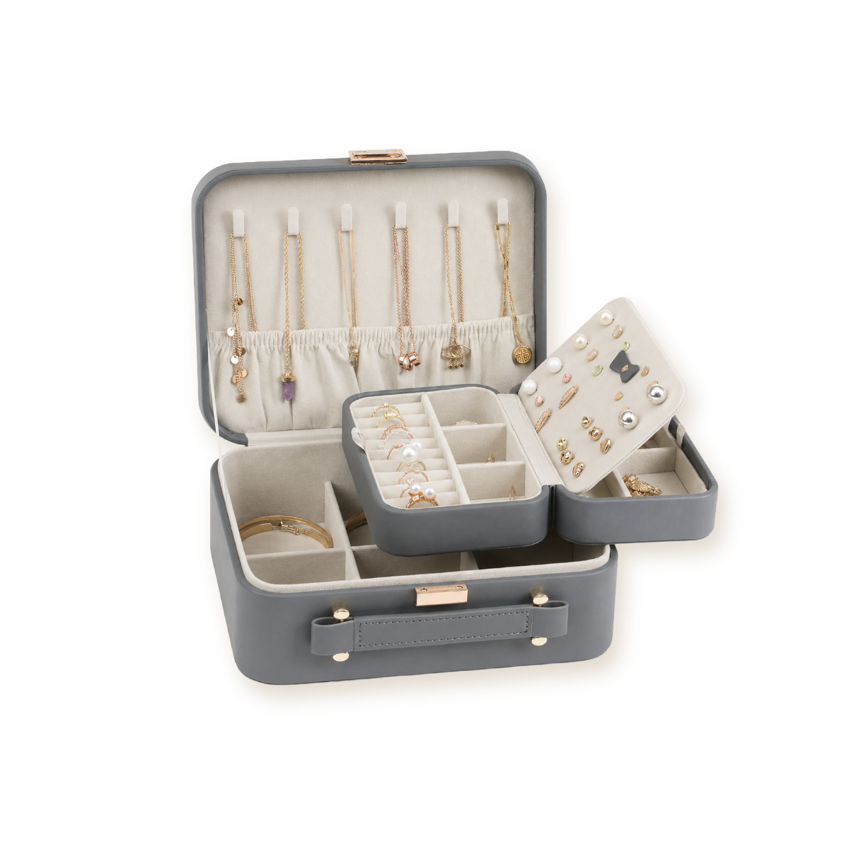 Large 2-Layer Travel Jewelry Box with Handle — PU Leather Case with Removable Tray & Adjustable Dividers